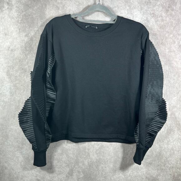 Zara Sweatshirt Womens Large Black Satin Ruffle Trim Sleeve Crew Neck Pullover - Picture 1 of 8